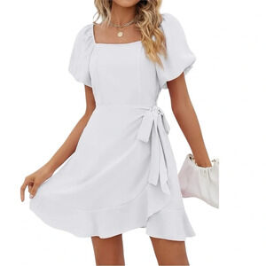 New Women’s Puff Sleeve Dress or Casual Square Neck Tie Waist Wrap Short Dress
